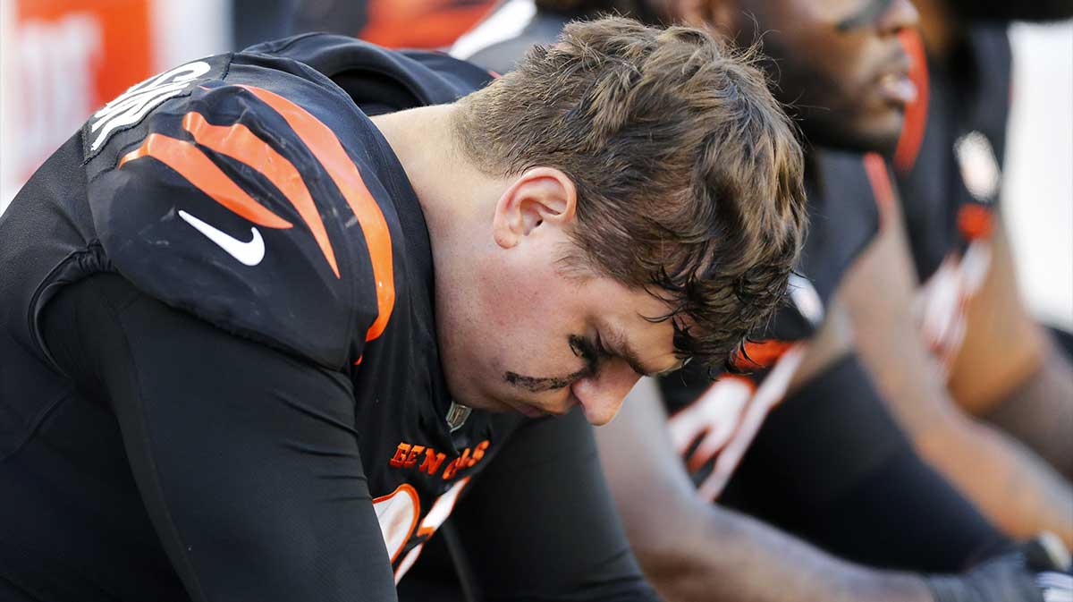 Cincinnati Bengals defensive end Trey Hendrickson (91) hangs his head on the sideline in the fourth quarter of the NFL Week 9 game between the Cincinnati Bengals and the Cleveland Browns at Paul Brown Stadium in Cincinnati on Sunday, Nov. 7, 2021. Cleveland kept a halftime lead to clinch a 41-16 win over the Bengals.