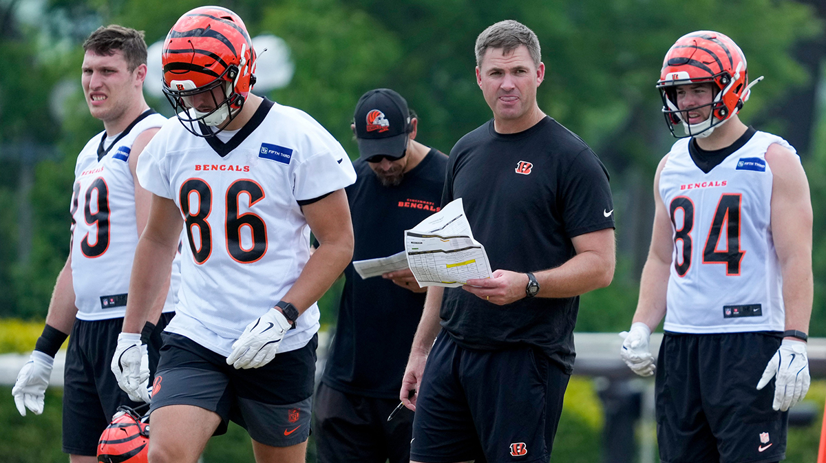 Cincinnati Bengals head coach Zac Taylor watches during a session of organized team activities on the Bengals practice field at Paycor Stadium in downtown Cincinnati on Tuesday, June 3, 2025.