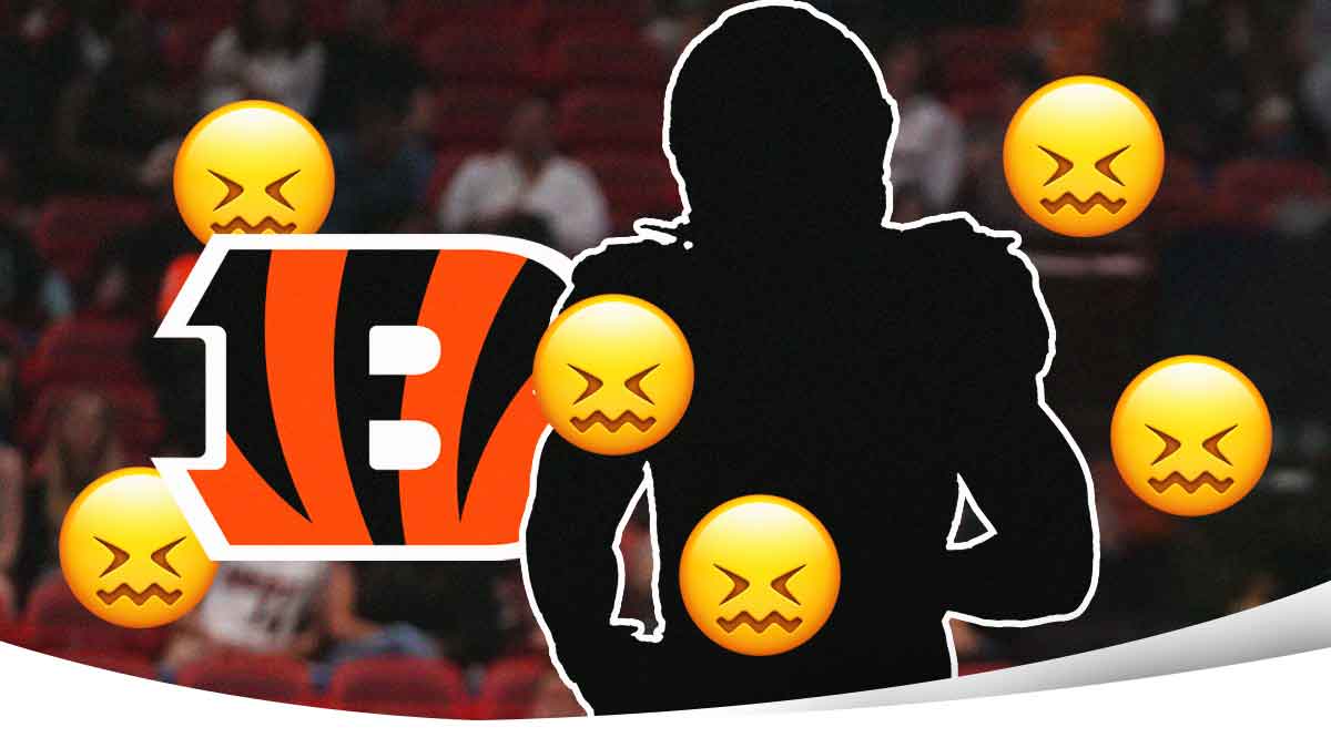 Mystery player in the middle, 😖 emojis around him, Cincinnati Bengals logo in the background