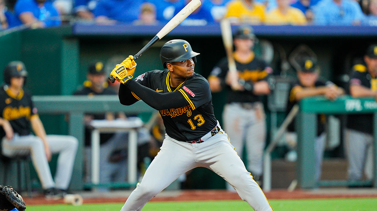 Pittsburgh Pirates third baseman Ke'Bryan Hayes (13) bats during the seventh inning against the Kansas City Royals at Kauffman Stadium.