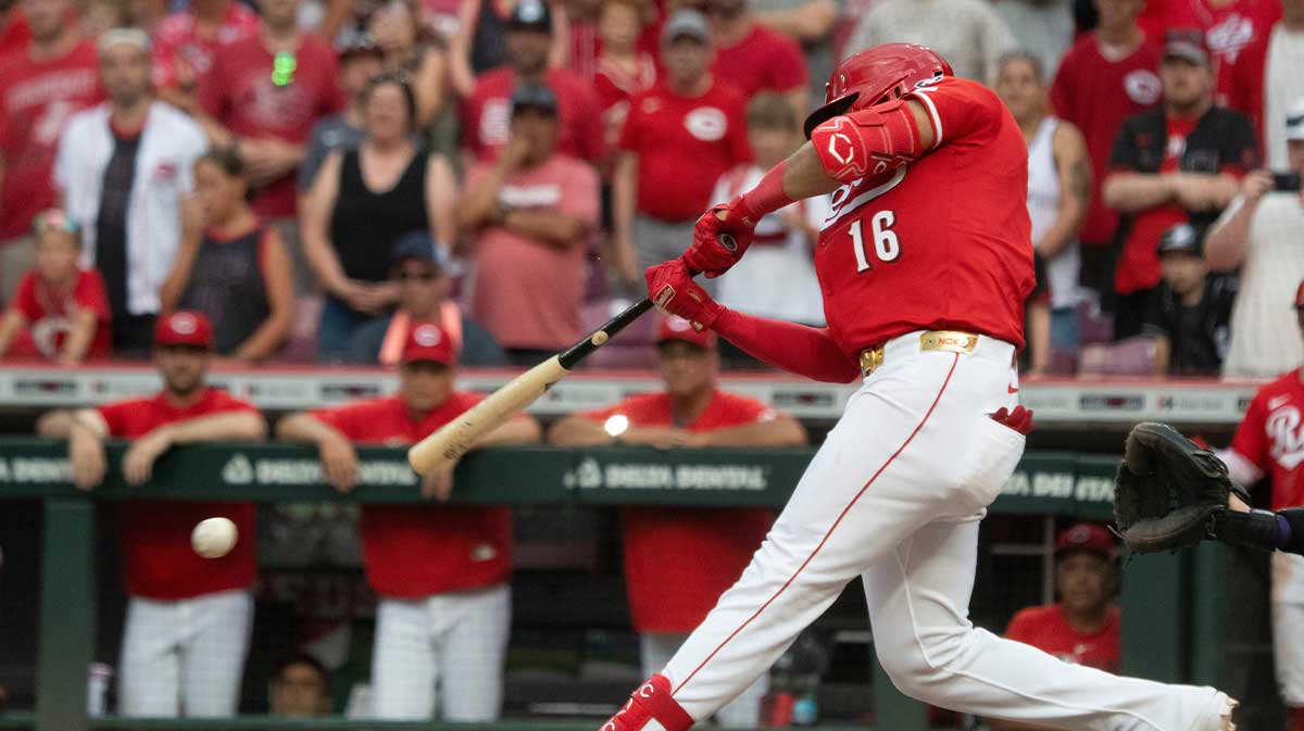 Cincinnati Reds third baseman Noelvi Marte (16) walk off single off of a fielding error by Colorado Rockies shortstop Orlando Arcia (11) in the ninth inning between Cincinnati Reds and Colorado Rockies at Great American Ball Park in Cincinnati on Saturday, July 12, 2025.