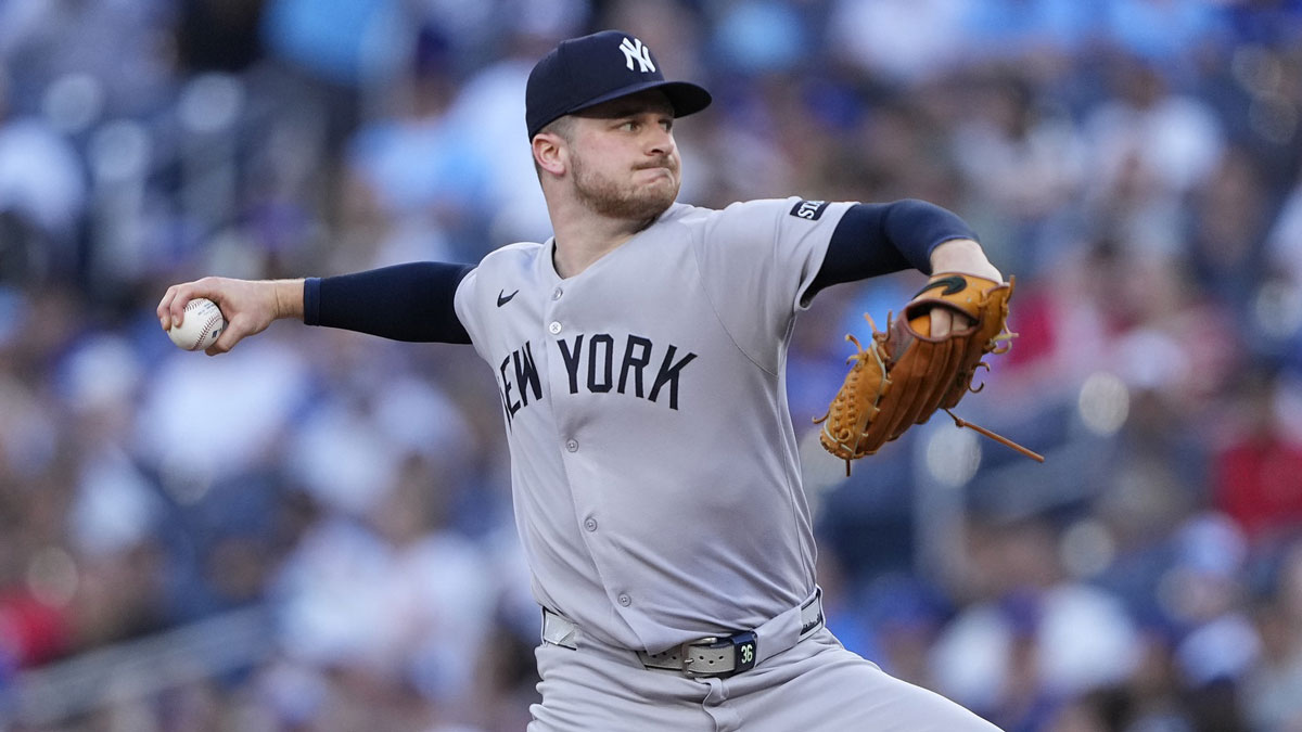 New York Yankees starting pitcher Clarke Schmidt (36) pitches to the Toronto Blue Jays during the second inning at Rogers Centre.