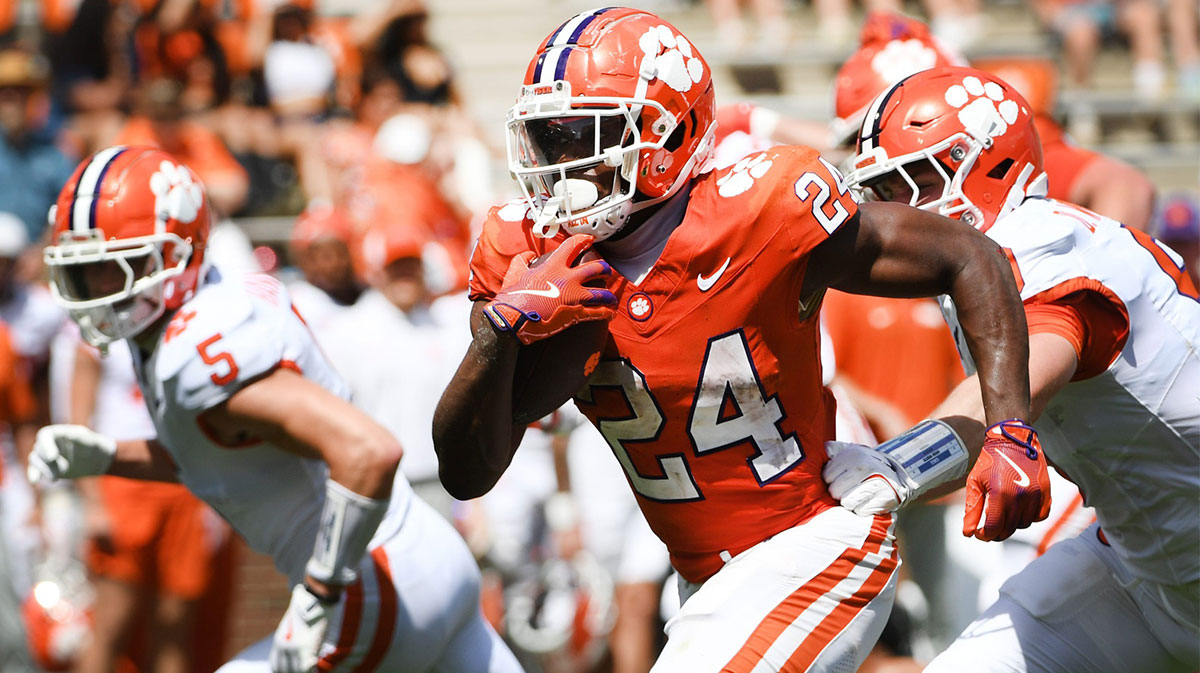 The Clemson Tigers football annual Orange and White Spring game was held on April 5, 2025, at Memorial Stadium in Clemson, South Carolina. Clemson running back David Eziomume (24) breaks free to move up field.
