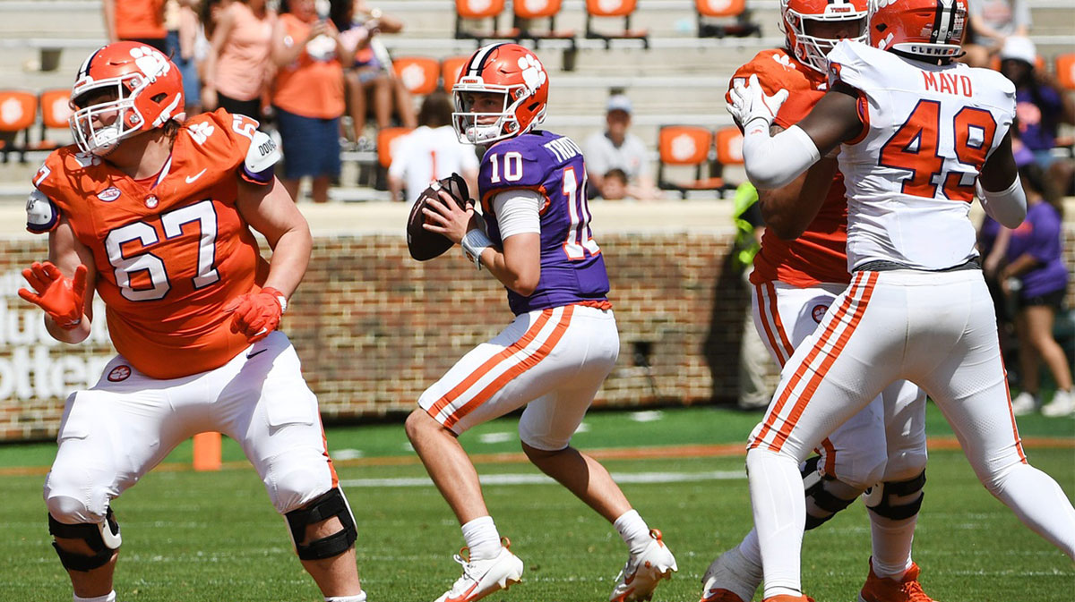 The Clemson Tigers football annual Orange and White Spring game was held on April 5, 2025, at Memorial Stadium in Clemson, South Carolina. Clemson quarterback Cade Trotter (10) in the pocket.on passing play.