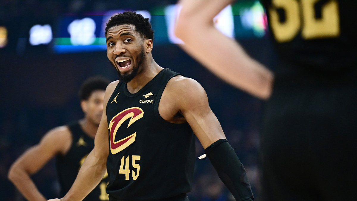 Cleveland Cavaliers guard Donovan Mitchell (45) reacts during the first half against the Indiana Pacers in game five of the second round for the 2025 NBA Playoffs at Rocket Arena. Antetokounmpo Towns
