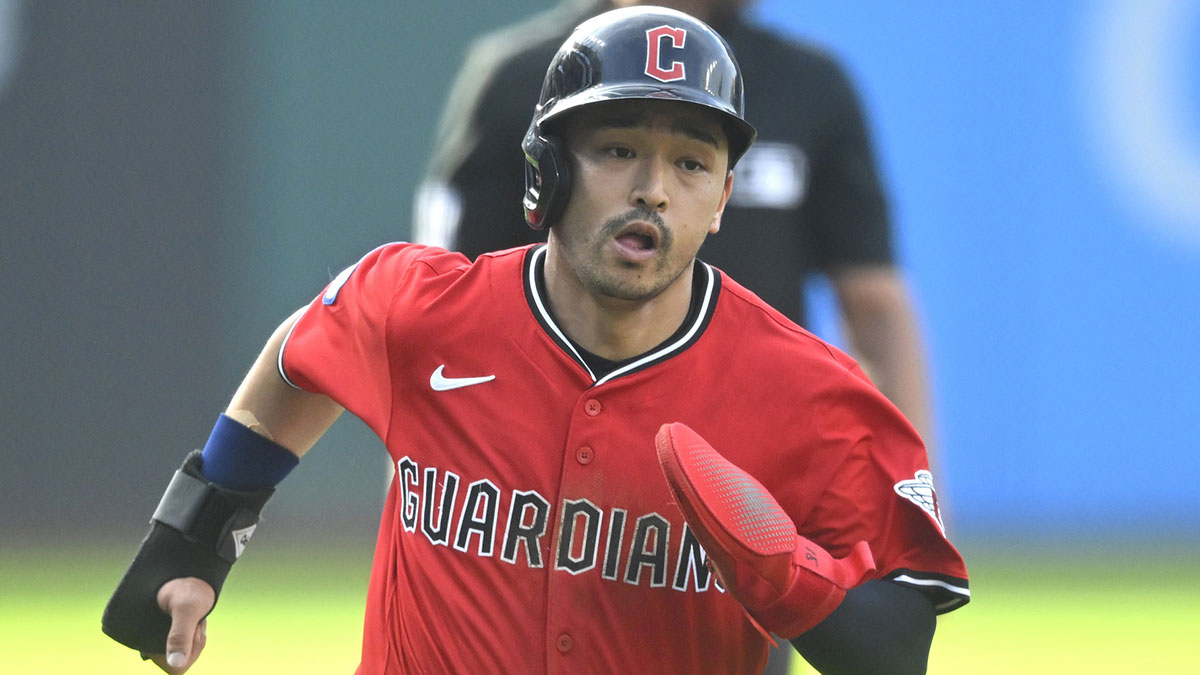 Cleveland Guardians left fielder Steven Kwan (38) rounds third base before scoring in the first inning against the Toronto Blue Jays at Progressive Field.