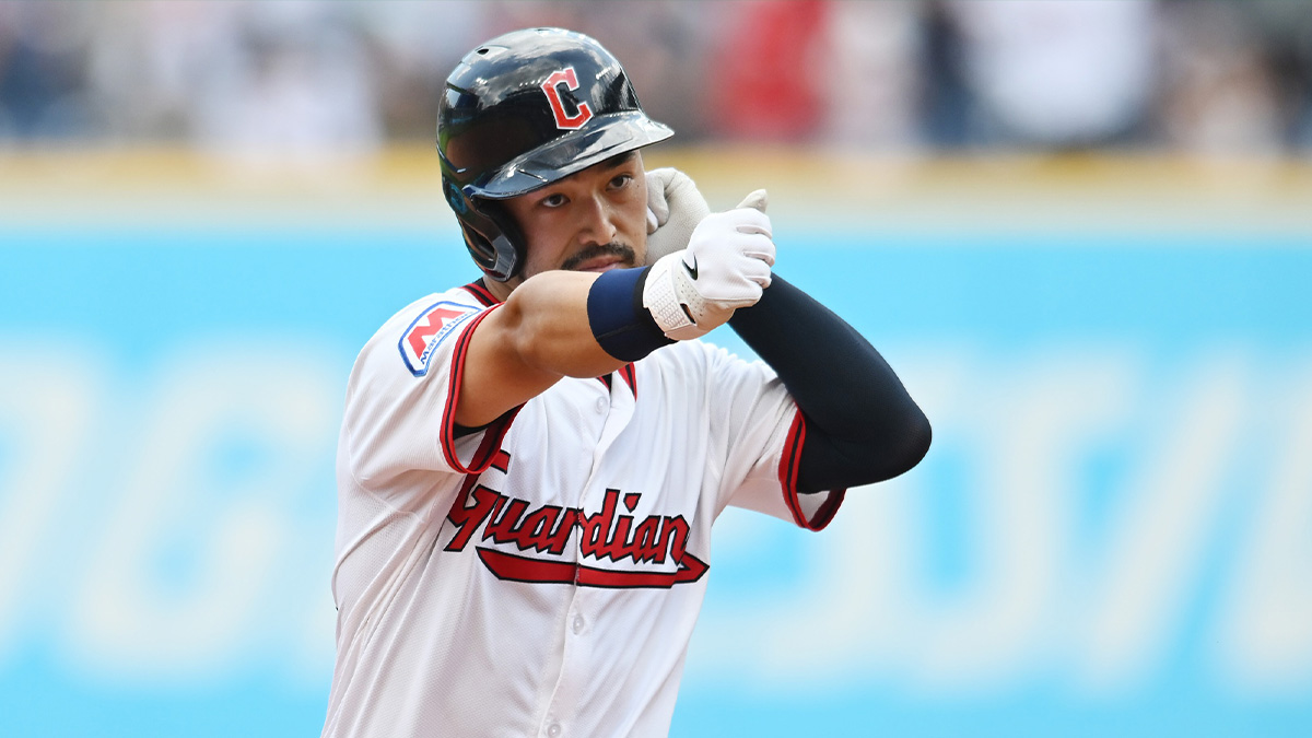Cleveland Guardians left fielder Steven Kwan (38) rounds the bases after hitting a home run during the fifth inning against the Baltimore Orioles at Progressive Field.