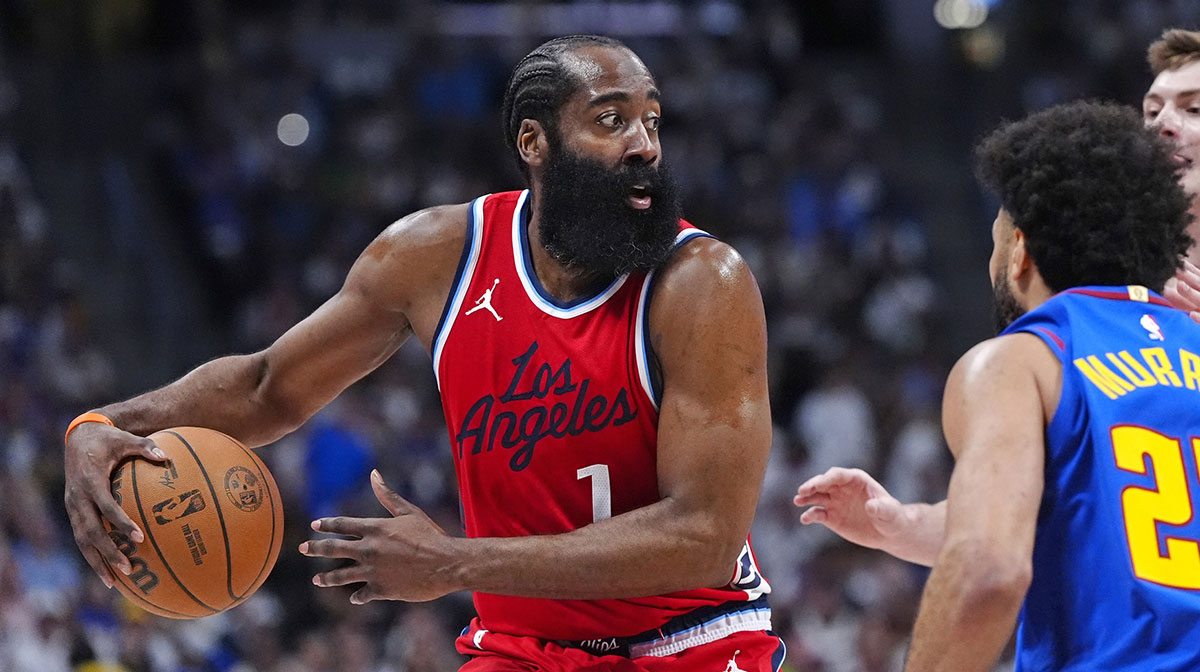 LA Clippers guard James Harden (1) prepares to pass the ball in the second quarter against the Denver Nuggets during game seven of first round for the 2025 NBA Playoffs at Ball Arena. Clippers signed James Harden in NBA Free Agency.