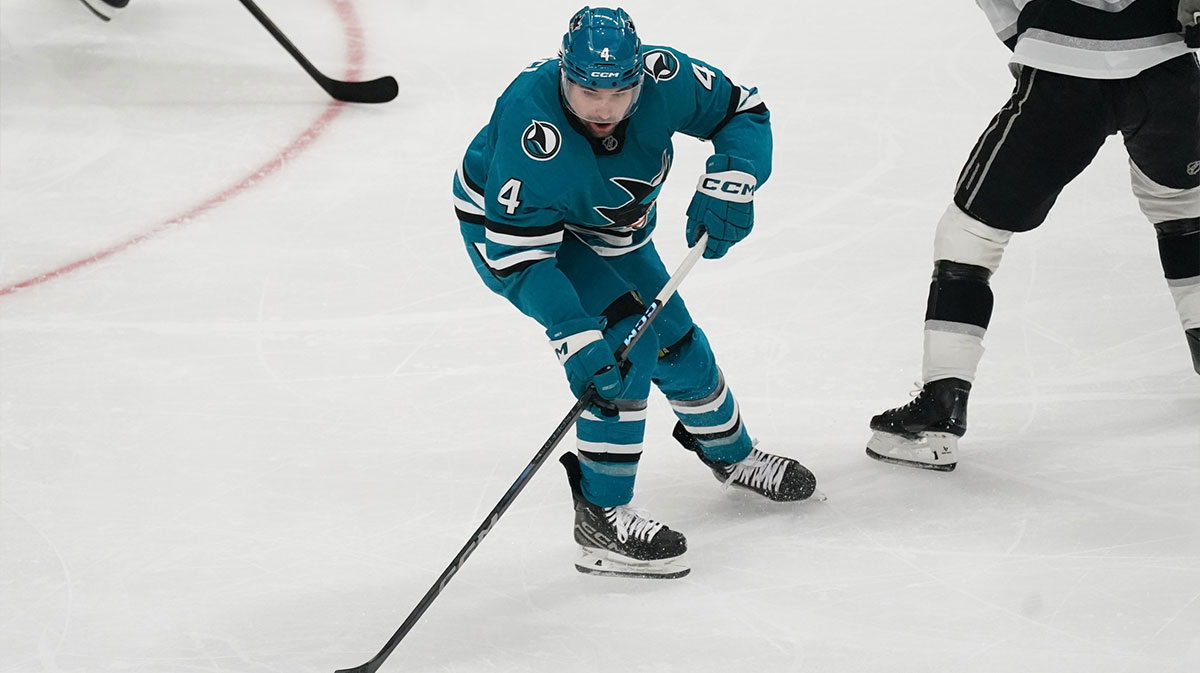 San Jose Sharks defenseman Cody Ceci (4) makes a pass against the Los Angeles Kings in the third period at SAP Center at San Jose.