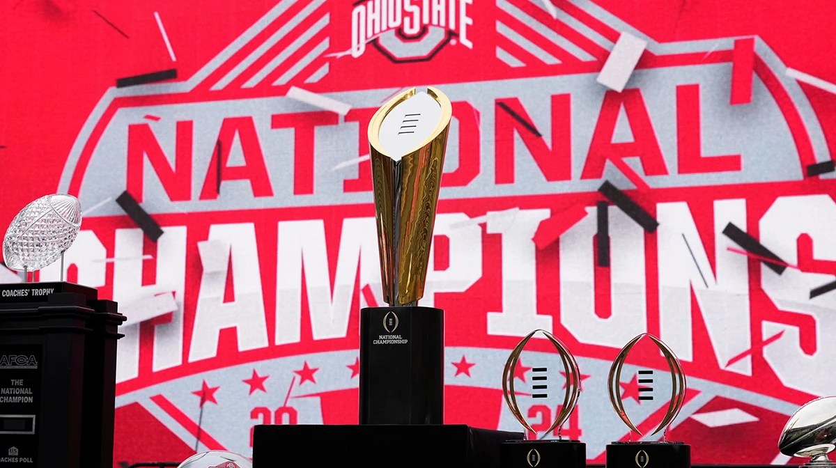 The championship trophies sit on the stage during the Ohio State Buckeyes College Football Playoff National Championship celebration at Ohio Stadium in Columbus.