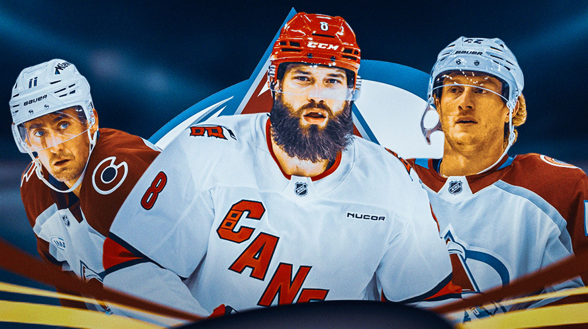 Brock Nelson, Brent Burns, and Josh Mason with the Avalanche logo behind them, avalanche free agency grade