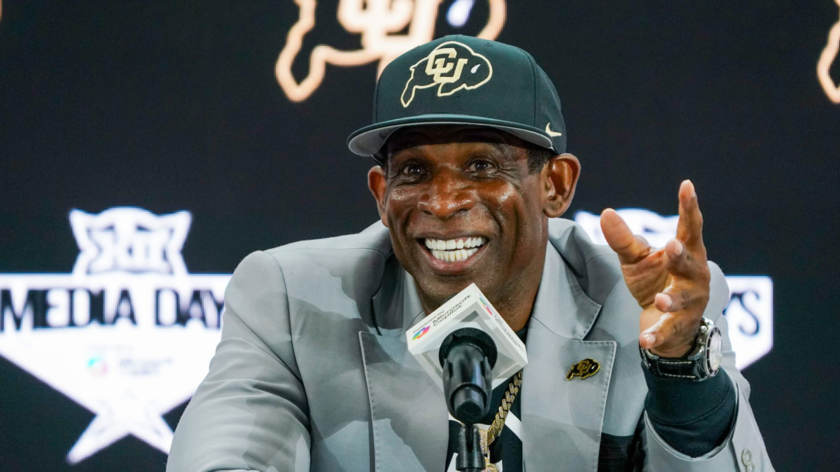 Colorado head coach Deion Sanders speaks with the media during 2025 Big 12 Football Media Days at The Star.