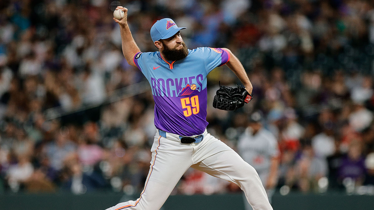 Colorado Rockies relief pitcher Jake Bird (59) pitches in the seventh inning against the Minnesota Twins at Coors Field.