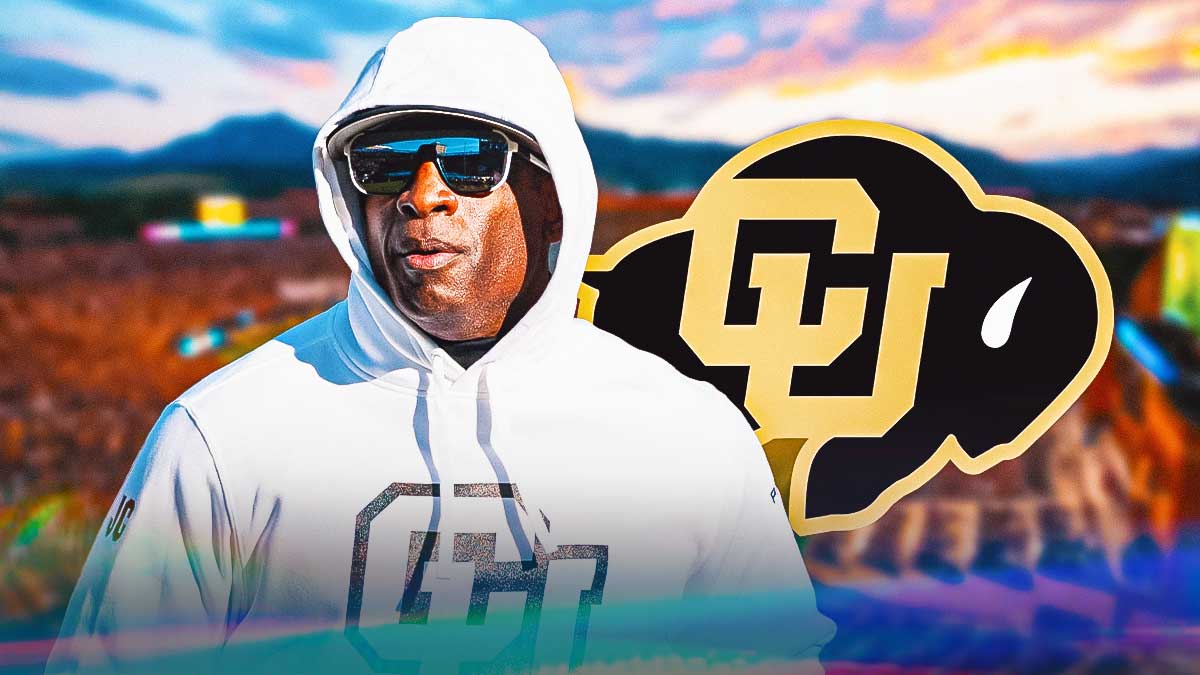 Deion Sanders and a Colorado logo with Folsom Field in the background