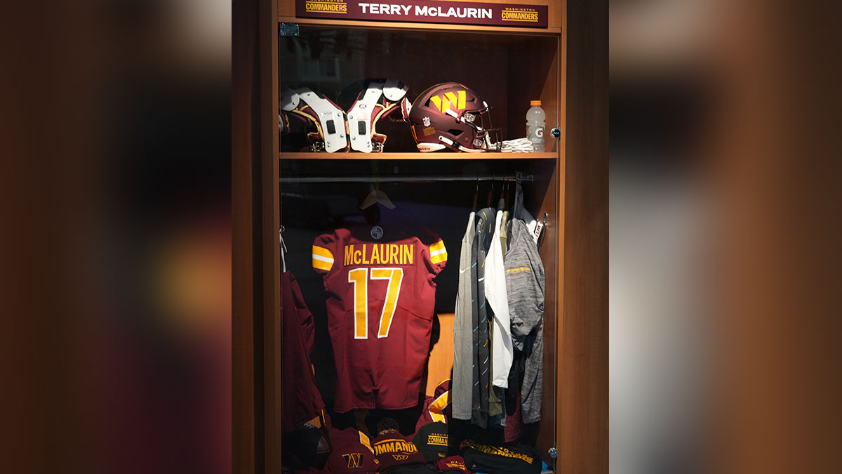 A locker room exhibit of Washington Commanders receiver Terry McLaurin at the Super Bowl LVI Experience