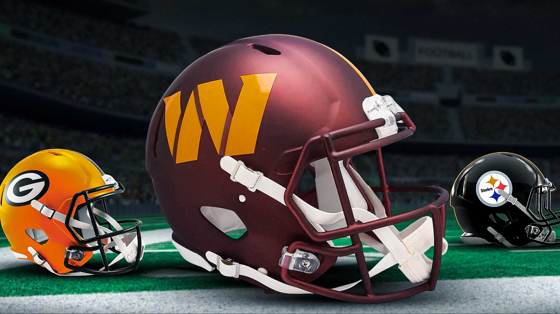 Commanders, Packers and Steelers helmets