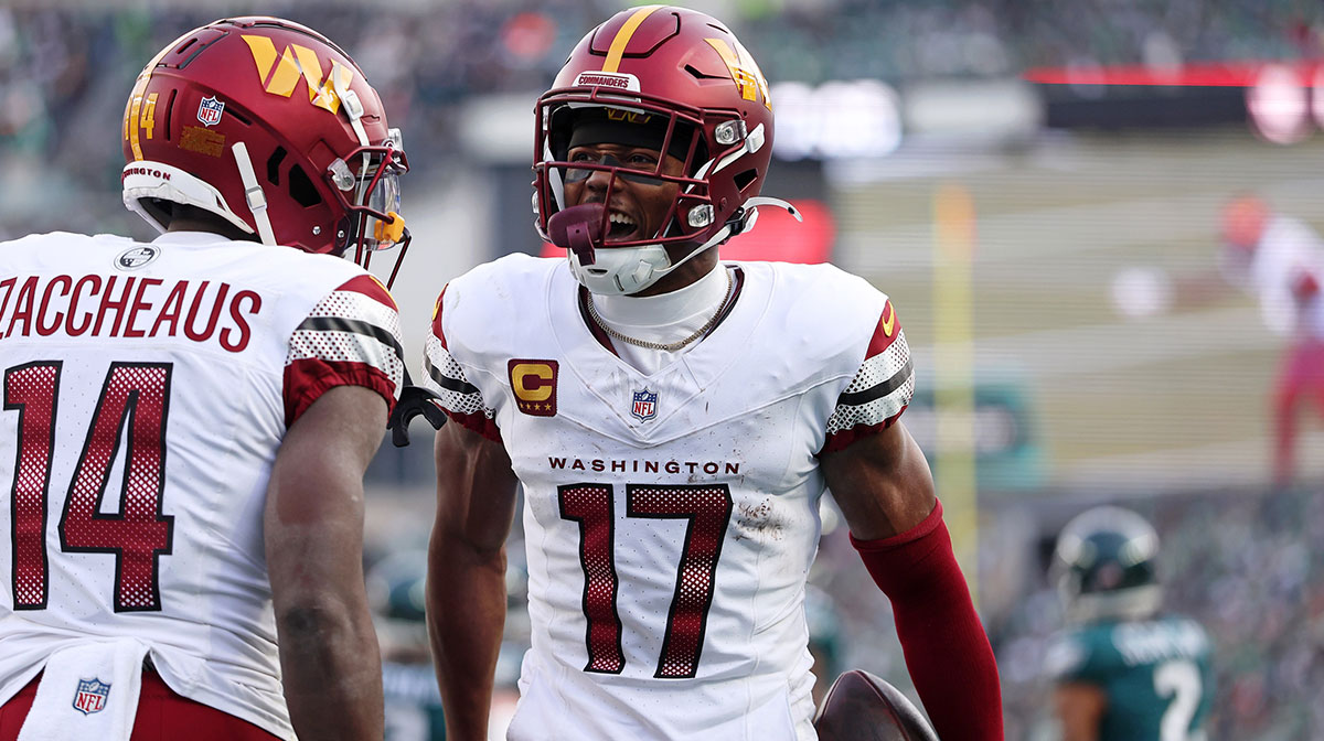 Washington Commanders wide receiver Terry McLaurin (17) reacts after a play with wide receiver Olamide Zaccheaus (14) against the Philadelphia Eagles during the first half in the NFC Championship game at Lincoln Financial Field.