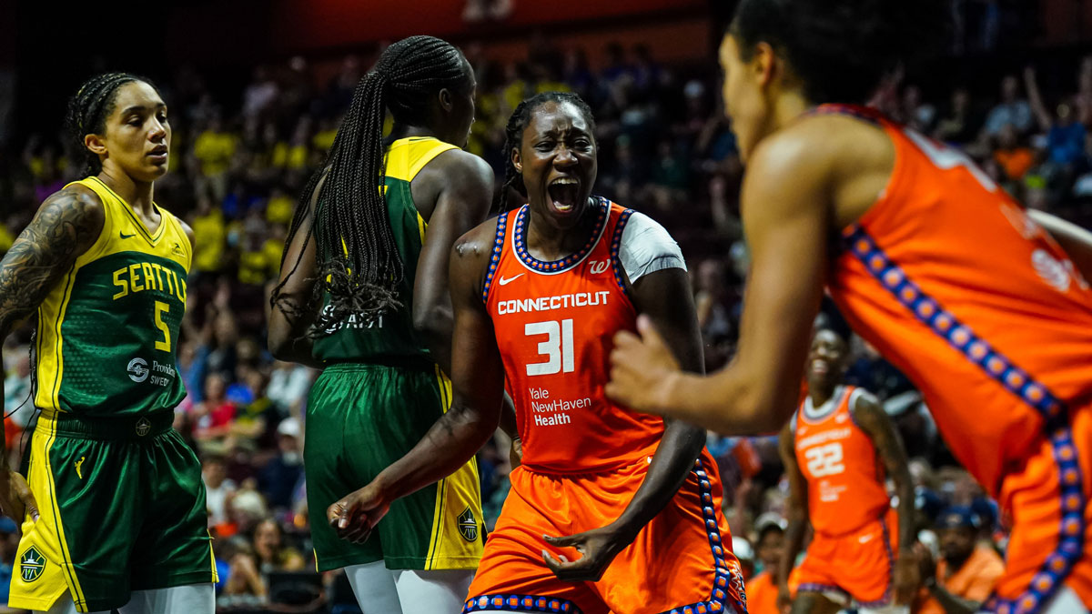 Connecticut Sun center Tina Charles (31) reacts after a basket by guard Leila Lacan (47) against the Seattle Storm in the second half at Mohegan Sun Arena. Taurasi