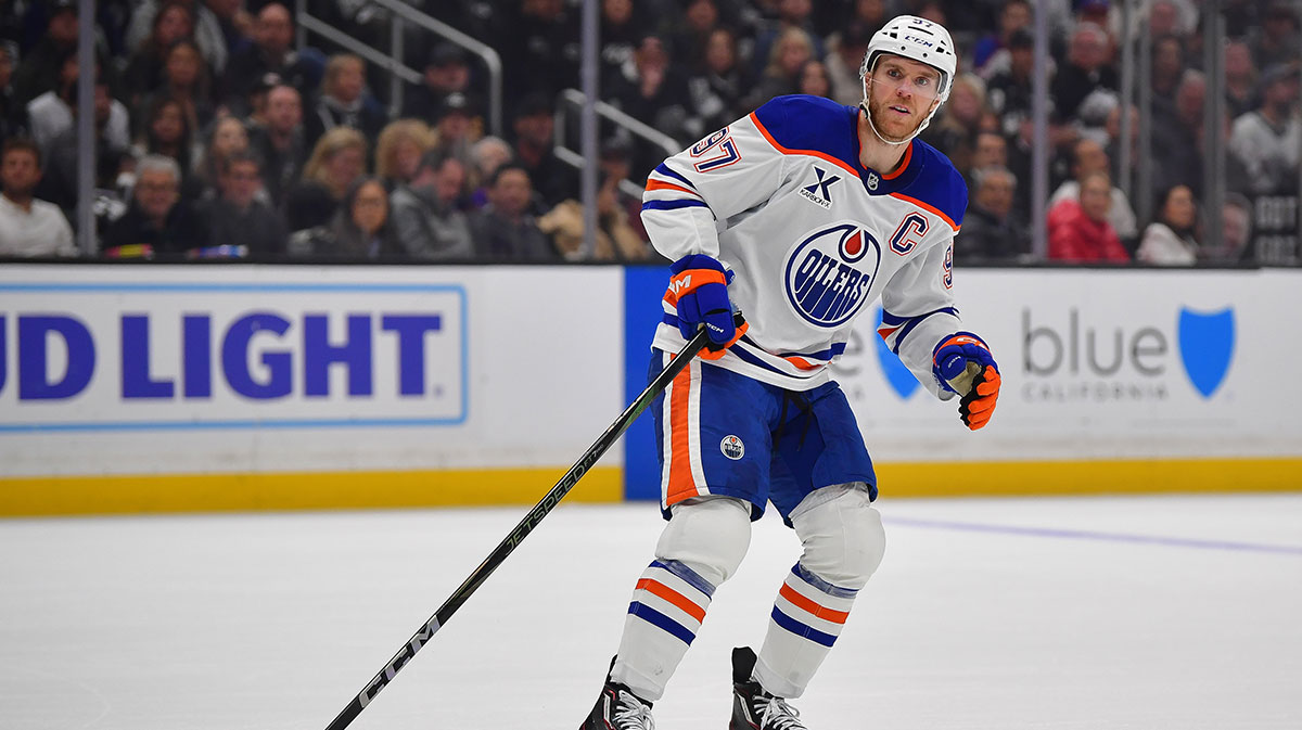 Edmonton Oilers center Connor McDavid (97) in action against the Los Angeles Kings during the first period in game five of the first round of the 2025 Stanley Cup Playoffs at Crypto.com Arena.