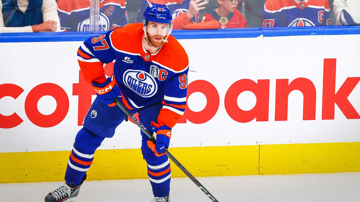Edmonton Oilers center Connor McDavid (97) controls the puck against the Florida Panthers during the second period in game five of the 2025 Stanley Cup Final at Rogers Place.