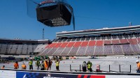 Construction of the baseball field in progress during a media event at Bristol Motor Speedway on June 24, 2025, ahead of the MLB Speedway Classic game between the Atlanta Braves and the Cincinnati Reds held at the racetrack. © Brianna Paciorka/News Sentinel / USA TODAY NETWORK via Imagn Images
