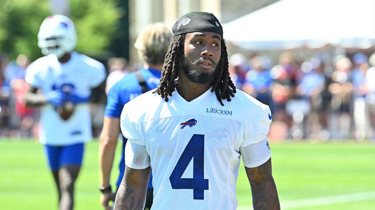 Buffalo Bills running back James Cook (4) on the field during training camp at St. John Fisher University.