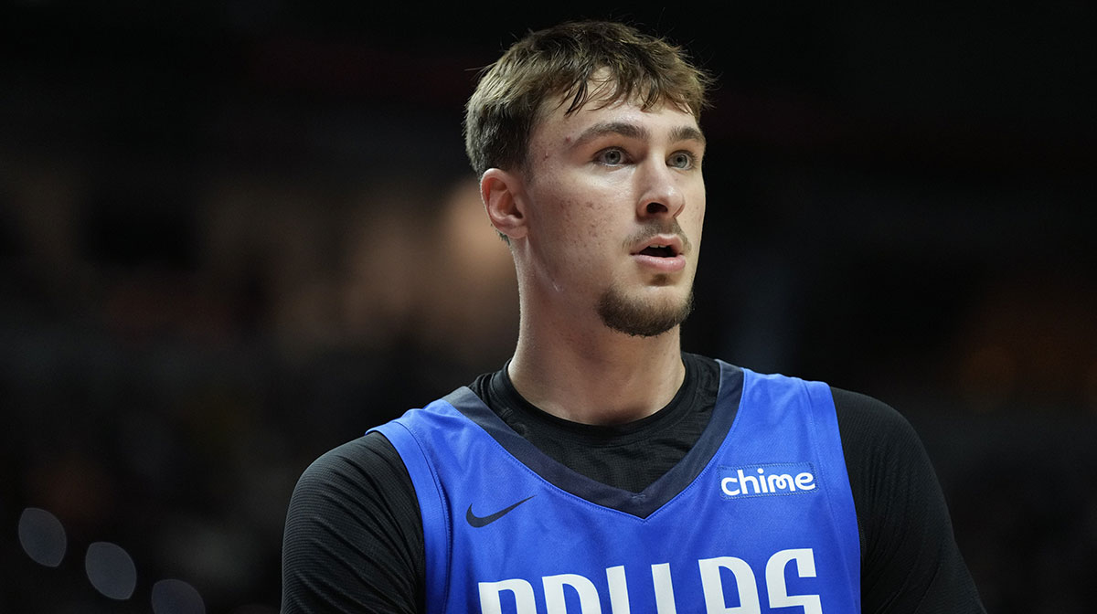Dallas Mavericks forward Cooper Flagg (32) looks on against the San Antonio Spurs in the second quarter of their game at Thomas & Mack Center.