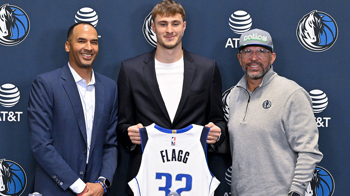 Dallas Mavericks general manager Nico Harrison and Mavericks first overall pick Cooper Flagg and head coach Jason Kidd pose for a photo at the Dallas Mavericks Practice Facility.