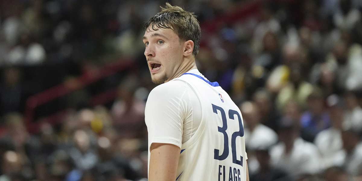 Dallas Mavericks forward Cooper Flagg (32) looks on against the Los Angeles Lakers in the second quarter of their game at Thomas & Mack Center.