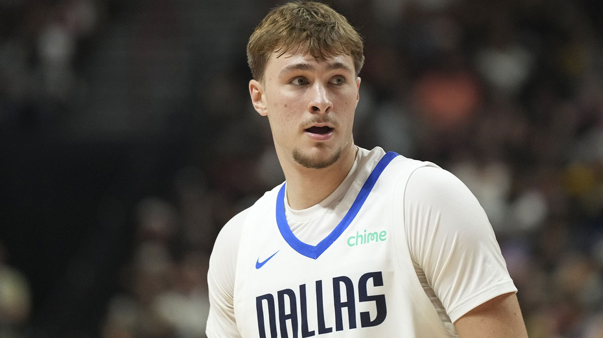Dallas Mavericks forward Cooper Flagg (32) looks on in the first quarter of the game against the Los Angeles Lakers at Thomas & Mack Center.