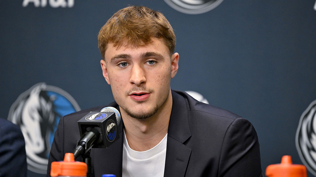 Dallas Mavericks first overall pick Cooper Flagg speaks to the media during a press conference at the Dallas Mavericks Practice Facility.