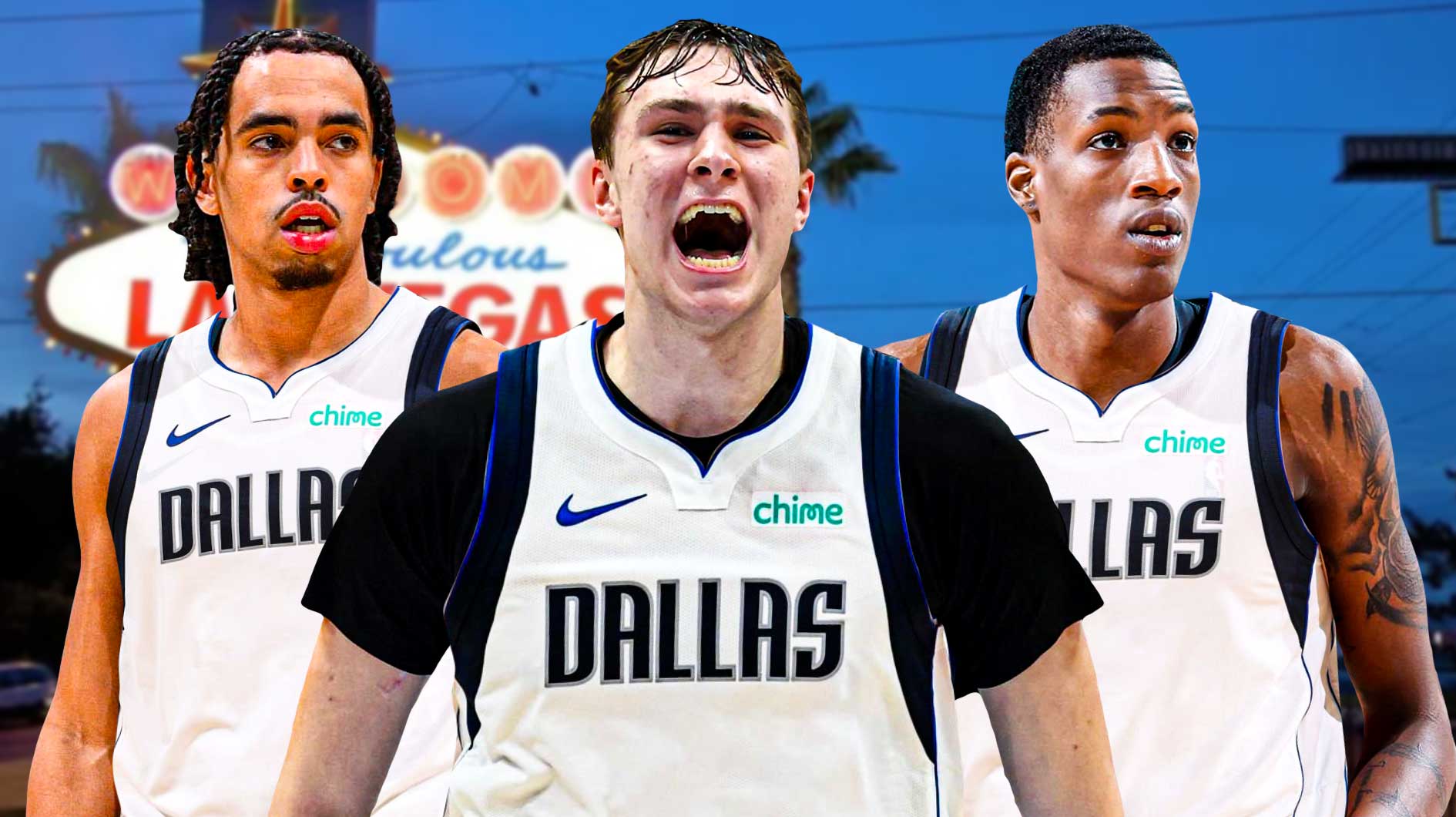 Las Vegas skyline background. Cooper Flagg (Mavericks jersey) in front. Ryan Nembhard (Mavericks jersey) and Jamarion Sharp (Mavericks jersey) in background.
