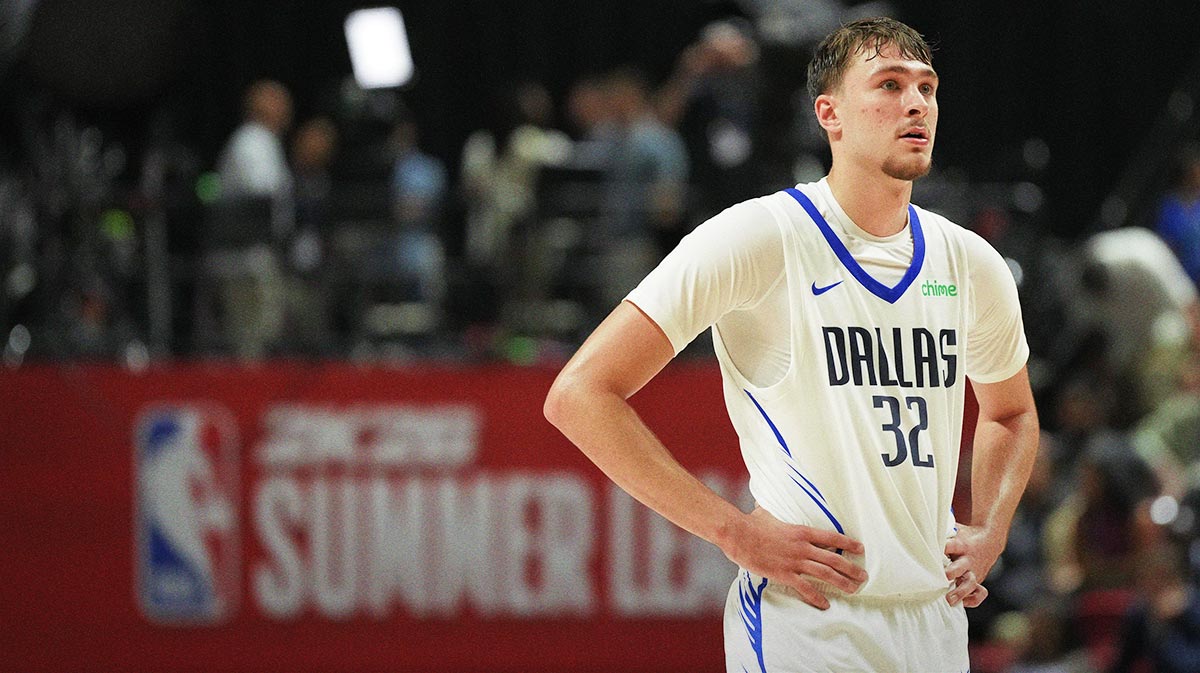 Dallas Mavericks forward Cooper Flagg (32) looks on against the Los Angeles Lakers in the third quarter of their game at Thomas & Mack Center.