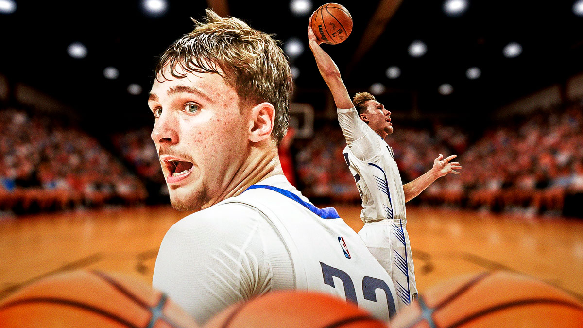 Cooper Flagg in a Mavericks jersey dunking a basketball.
