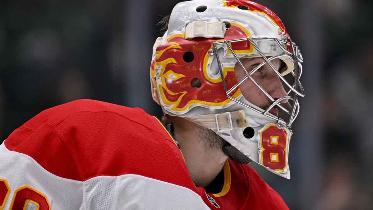 Calgary Flames goaltender Dan Vladar (80) prepares to face the Dallas Stars during the second period at the American Airlines Center.