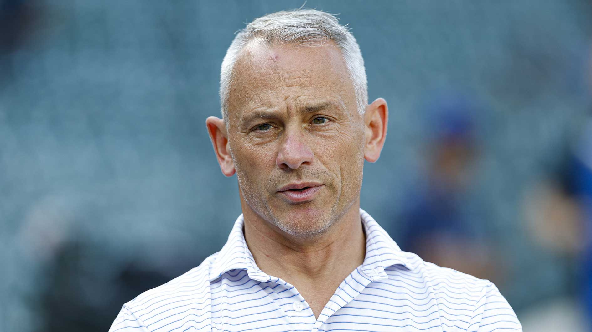 Cubs president of baseball operations Jed Hoyer speaks before a baseball game between the Chicago Cubs and Cleveland Guardians at Wrigley Field.