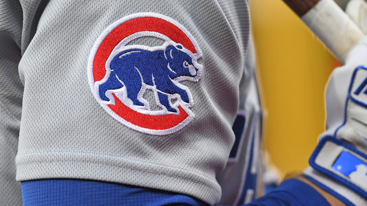 Chicago Cubs logo on the jersey of third base Matt Shaw (6) against the Philadelphia Phillies at Citizens Bank Park.