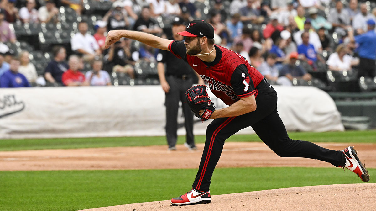 Jul 25, 2025; Chicago, Illinois, USA; Chicago White Sox pitcher Adrian Houser (57) delivers during the first inning against the Chicago Cubs at Rate Field. Mandatory Credit: Matt Marton-Imagn Images