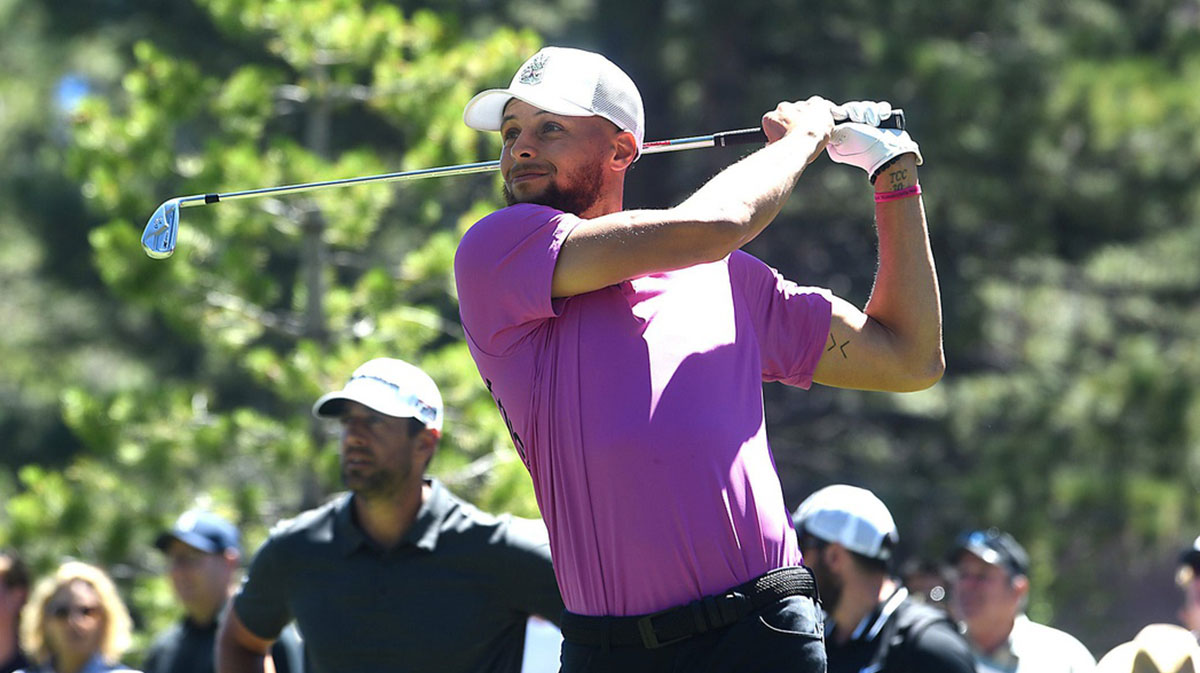 Steph Curry tees off on the 9th hole during the 2019 American Century Championship at the Edgewood Tahoe Golf Course.