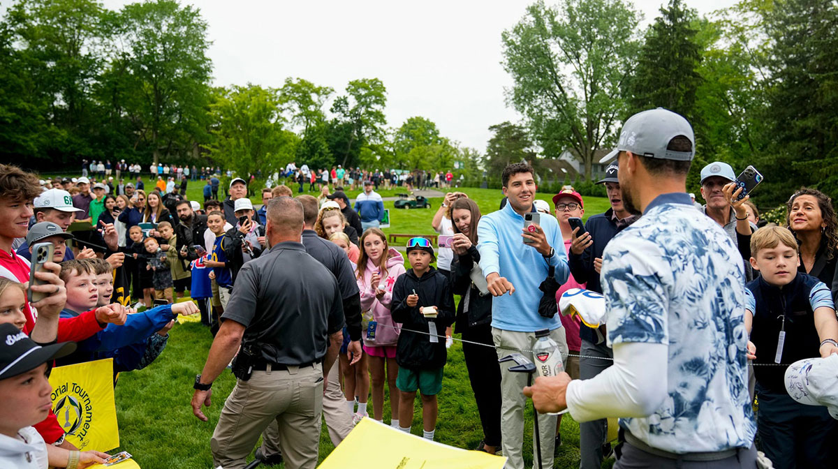 Fans ask Stephen Curry for his autograph as he walks to hole No. 7 during the Workday Golden Bear Pro-Am at the Muirfield Village Golf Club on Wednesday, May 28, 2025 in Dublin, Ohio.