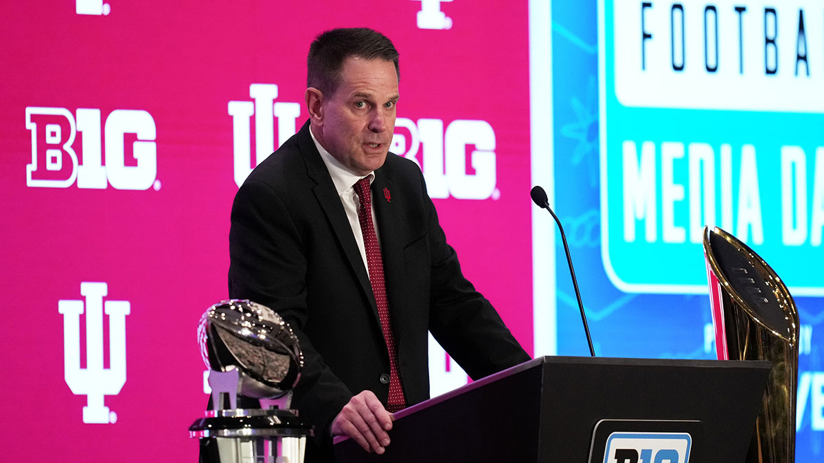 Jul 22, 2025; Las Vegas, NV, USA; Indiana head coach Curt Cignetti speaks to the media during the Big Ten NCAA college football media days at Mandalay Bay Resort. Mandatory Credit: Lucas Peltier-Imagn Images