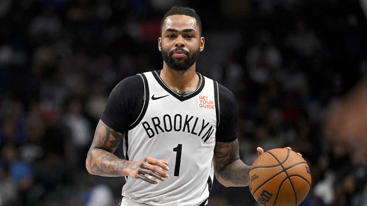 Brooklyn Nets guard D'Angelo Russell (1) in action during the game between the Dallas Mavericks and the Brooklyn Nets at the American Airlines Center.