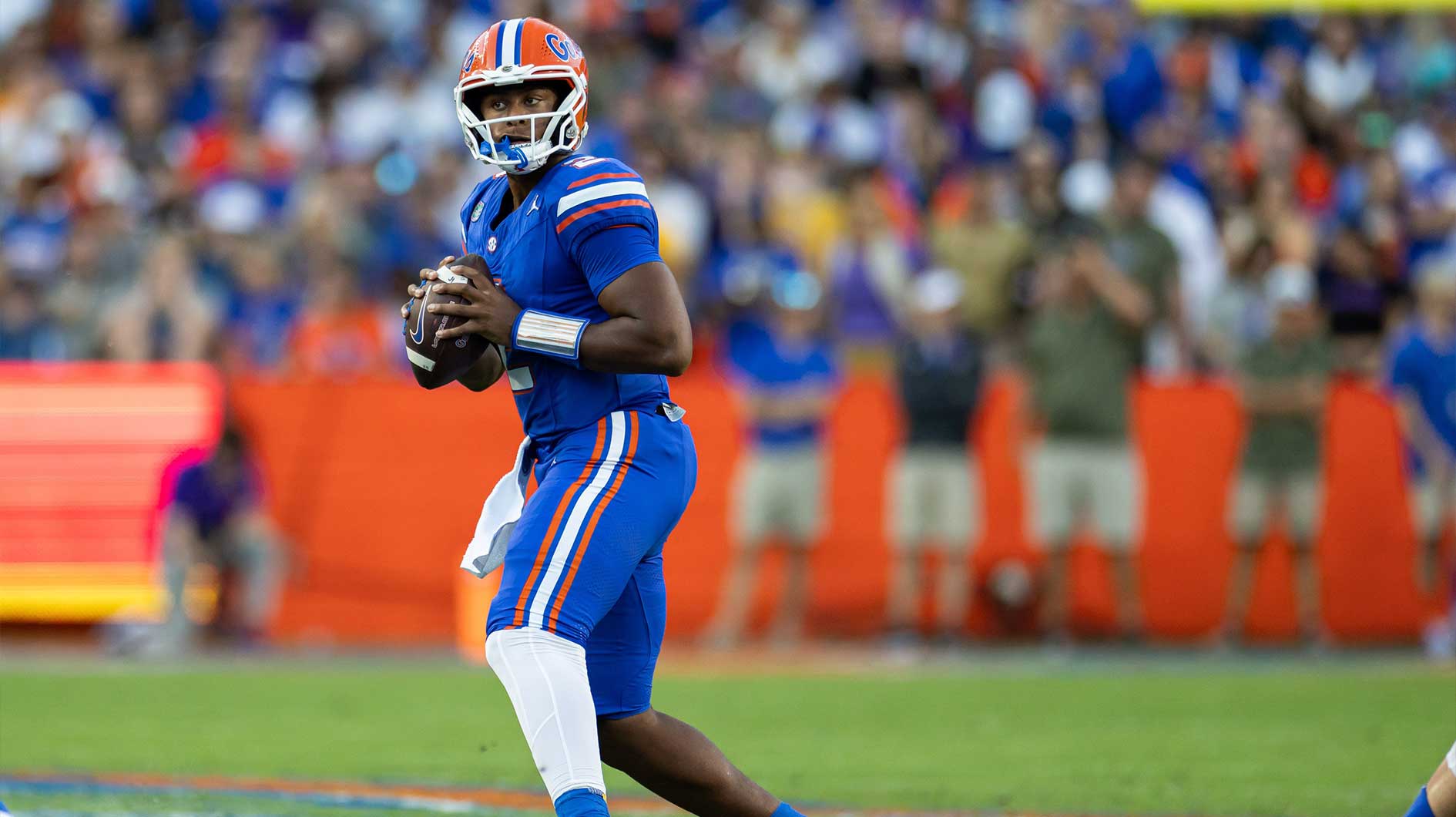 Florida Gators quarterback DJ Lagway (2) looks to pass against the LSU Tigers during the first half at Ben Hill Griffin Stadium.