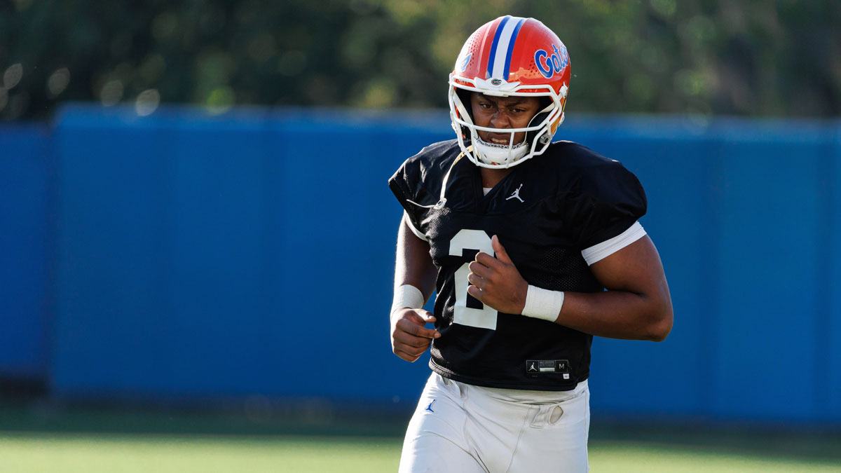 Florida Gators quarterback DJ Lagway (2) runs during spring football practice at Heavener Football Complex at the University of Florida