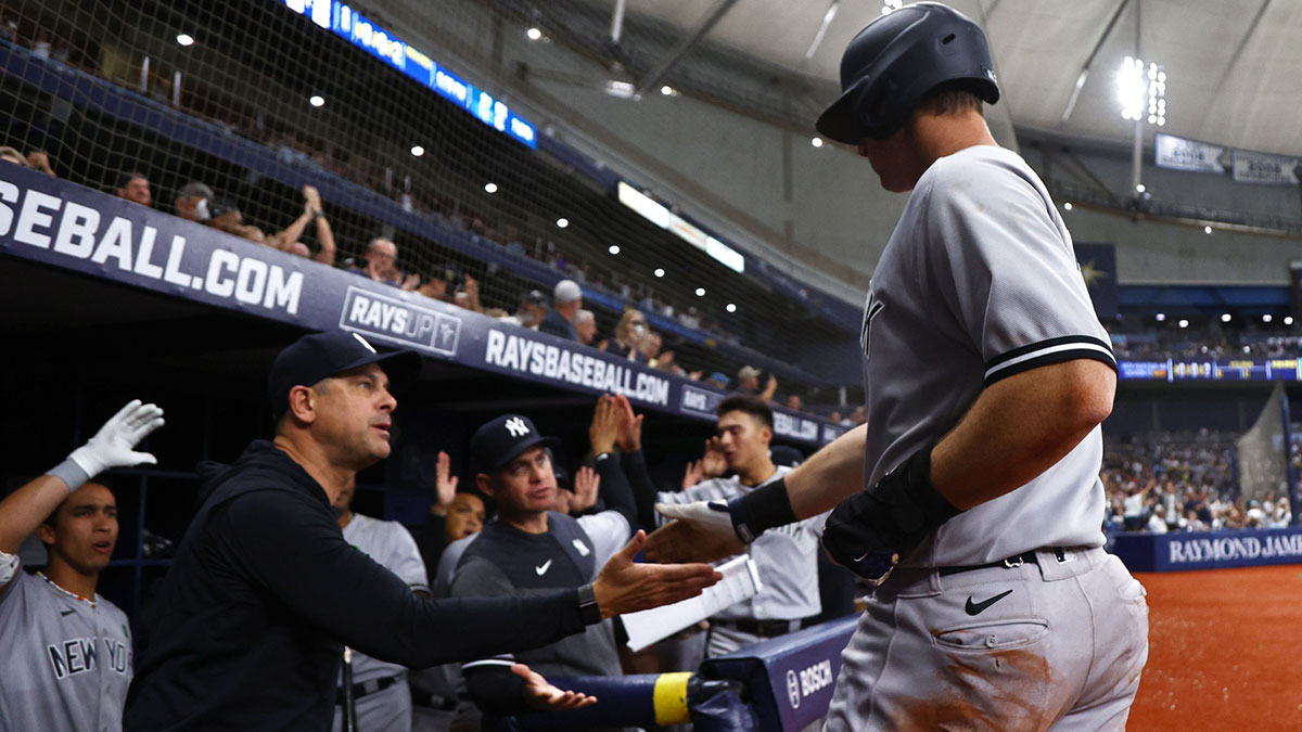 New York Yankees third baseman DJ LeMahieu (26) is congratulated by New York Yankees manager Aaron Boone (17) after he scored a run against the Tampa Bay Rays during the eighth inning at Tropicana Field.