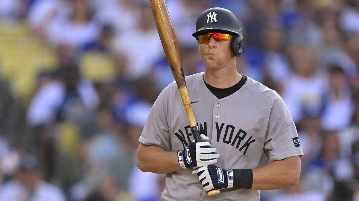 New York Yankees second baseman DJ LeMahieu (26) reacts after he was called out on strikes in the fifth inning against the Los Angeles Dodgers at Dodger Stadium.