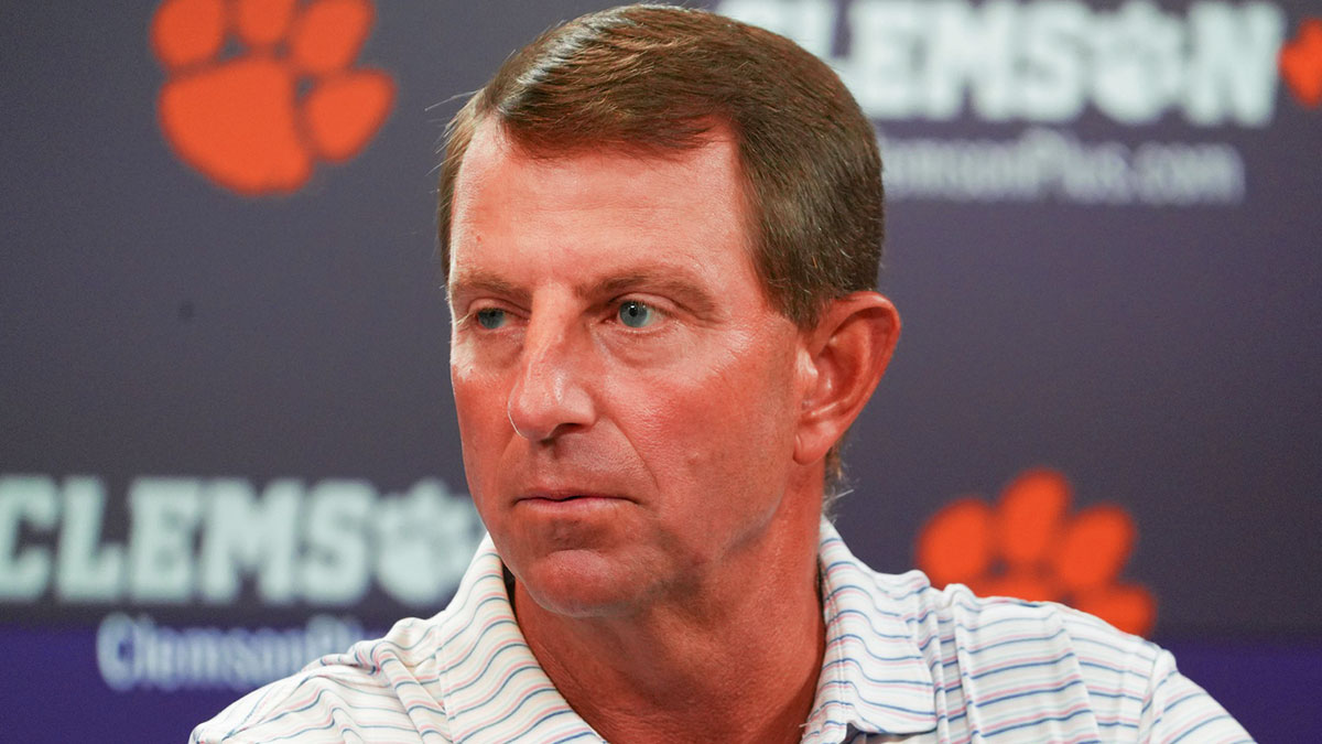 Clemson head coach Dabo Swinney speaks during Clemson football media day at the Smart Family Media Center.