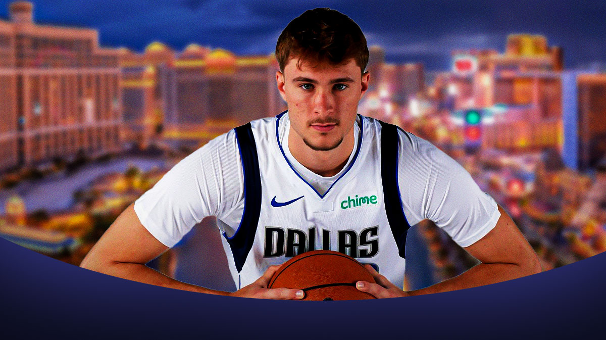 Cooper Flagg in a Mavericks uniform with the Las Vegas skyline in background.