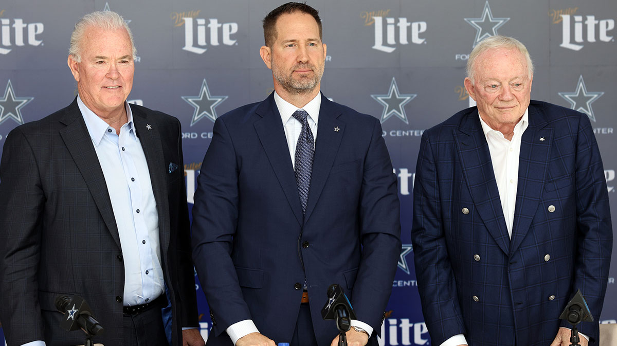 (L to R) Dallas Cowboys CEO Stephen Jones, head coach Brian Schottenheimer and owner Jerry Jones pose for pictures after a press conference at the Star.