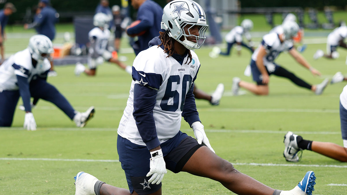 Dallas Cowboys offensive tackle Tyler Guyton (60) goes through a drill during practice at the Ford Center at the Star Training Facility in Frisco, Texas.